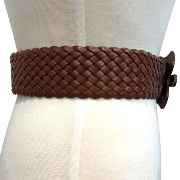 Wide Brown Leather Braided Belt Wide Chunky Buckle Structured - Women's Size S/M - Picture 2 of 8